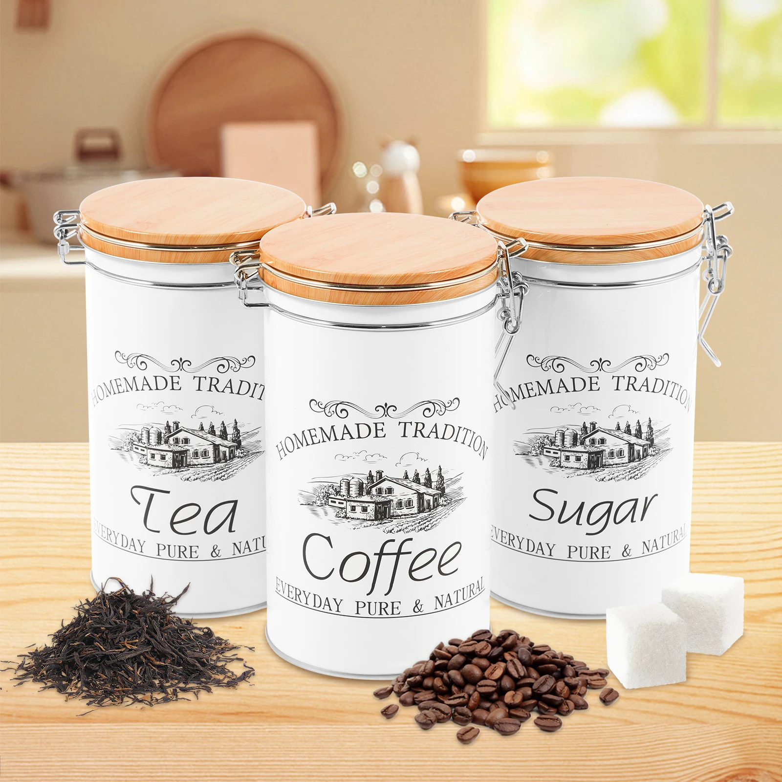 Coffee Tea And Sugar Canister Set - Набор из 3-х металлических банок для