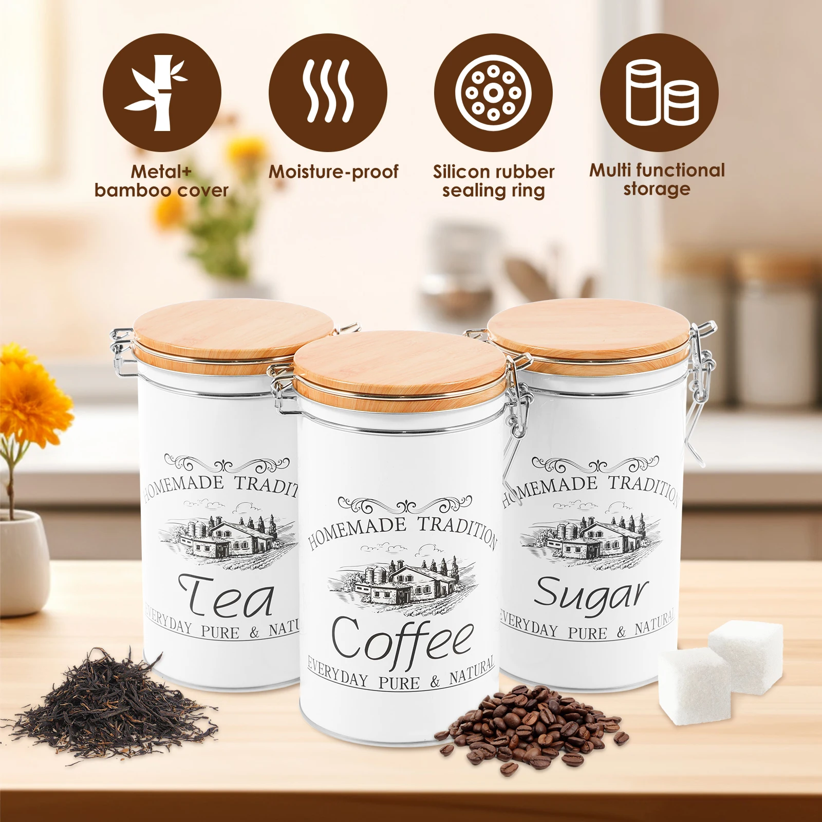 Набор из 3-х металлических бан – обзор и цена Coffee Tea And Sugar Canister Set